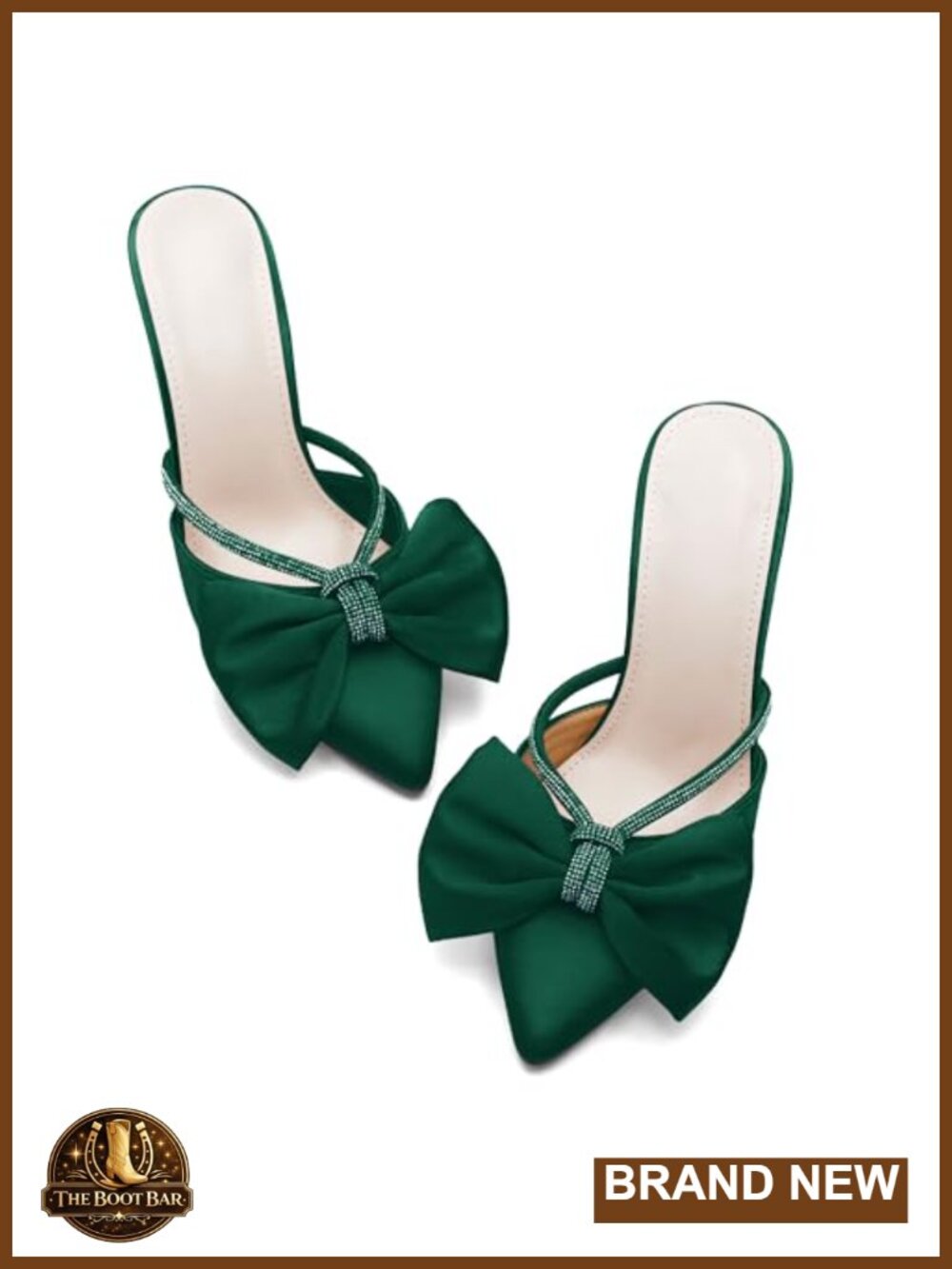 Pointed Toe Bow Heeled Mules Rhinestone Satin Backless Wedding Shoes
